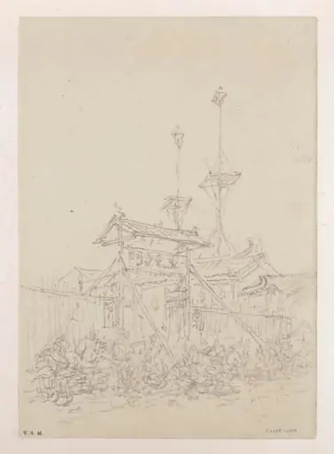 Market stalls by an entrance to a Chinese temple, Macau, by George Chinnery