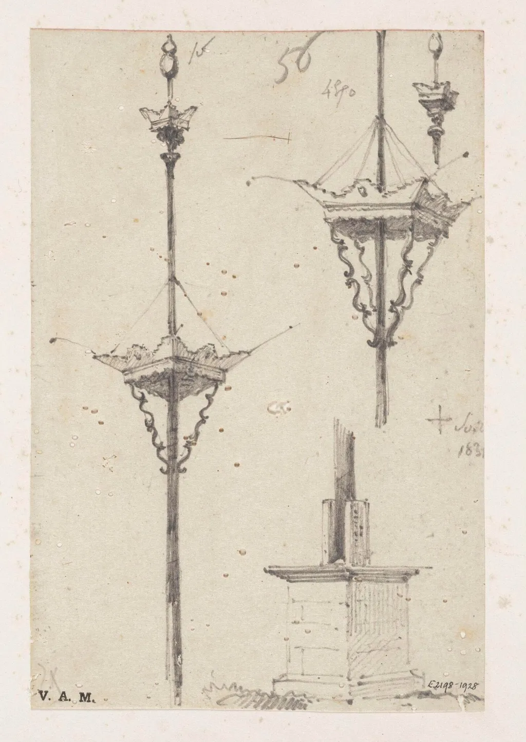 Mastheads and a mast base, by George Chinnery, 4