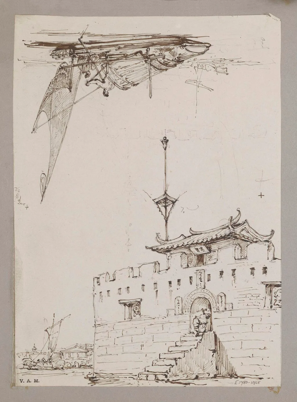 Part of a small fort opposite Canton; Chinese sailing vessel, by George Chinnery, 13