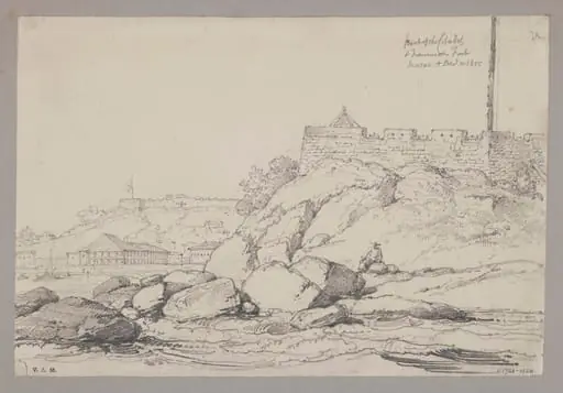 Part of the Citadel and Franciscan Fort, Macao, with part of Mr. Whiteman's house ("the forty-pillared house"), by George Chinnery