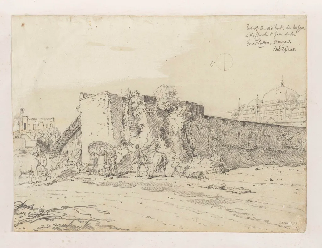 Part of the old fort: the mosque in the chowk and gate of the Great Katra, Dhaka (Dacca), by George Chinnery, 20