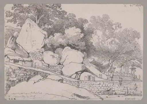 Rocks, and part of the Great Joss House, Macao, by George Chinnery