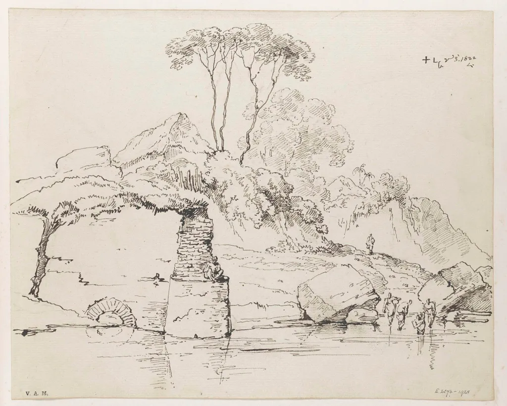 Ruined walls and rocks on a bank of the River Hugli, by George Chinnery, 3