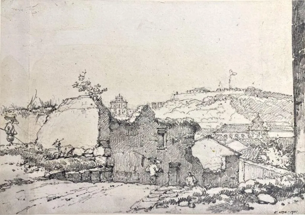 Ruinous buildings, Macau, with distant views of the façade of S. Paulo, Monte Fort and S. Domingos Church, by George Chinnery, 19