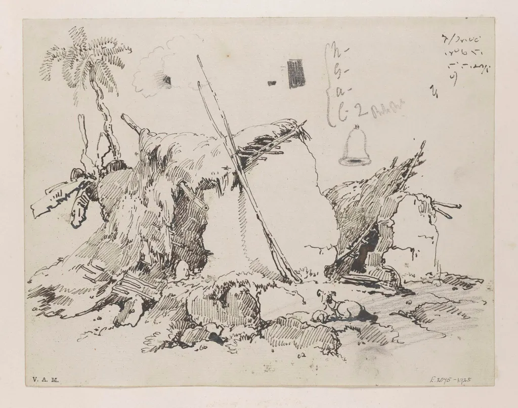 Ruinous village dwellings, Bengal, by George Chinnery, 16