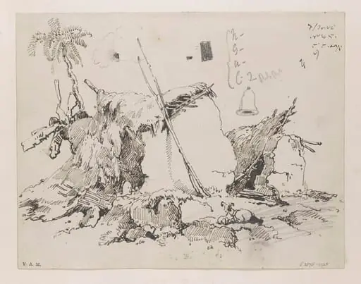 Ruinous village dwellings, Bengal, by George Chinnery