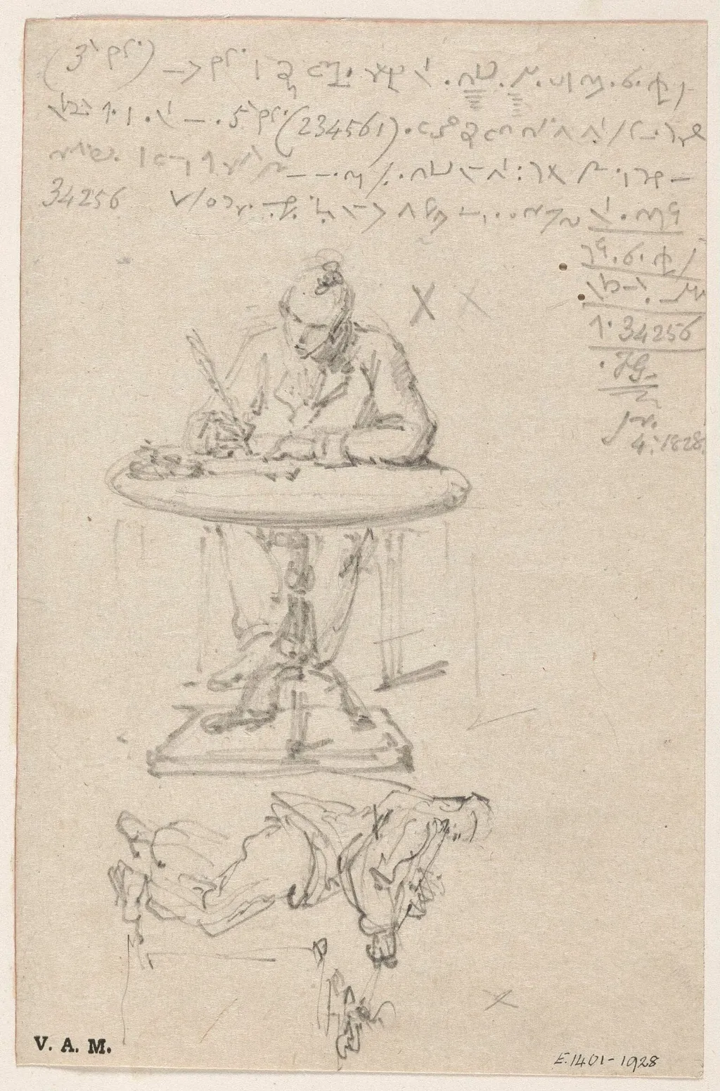 Sketches of a figure writing at a pedestal table, and a figure lighting a pipe, by George Chinnery, 2