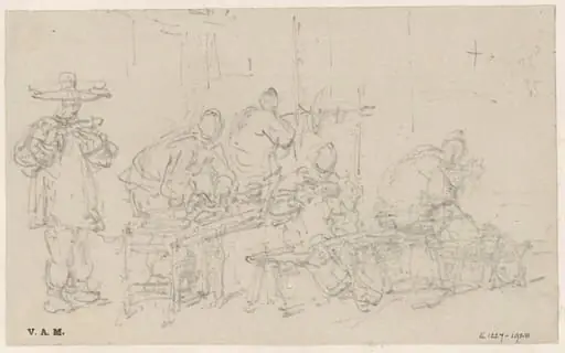 Sketches of figures at a foodstall