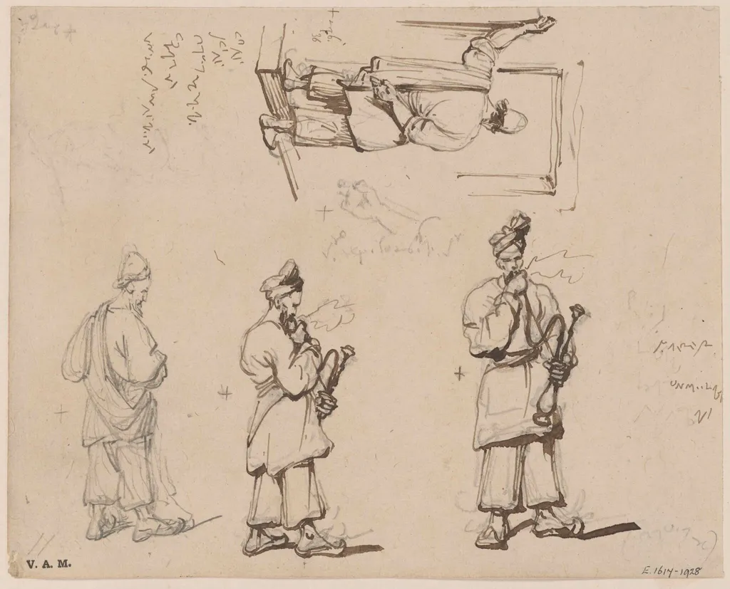 Standing figures, two of them smoking a hookah, by George Chinnery, 7