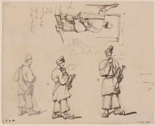 Standing figures, two of them smoking a hookah, by George Chinnery