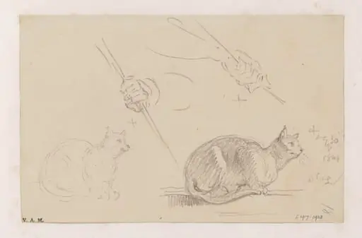 Studies of cats, and of a hand holding a pole, by George Chinnery