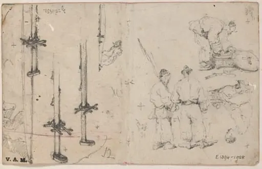 Studies of Chinese figures, and of masts, by George Chinnery