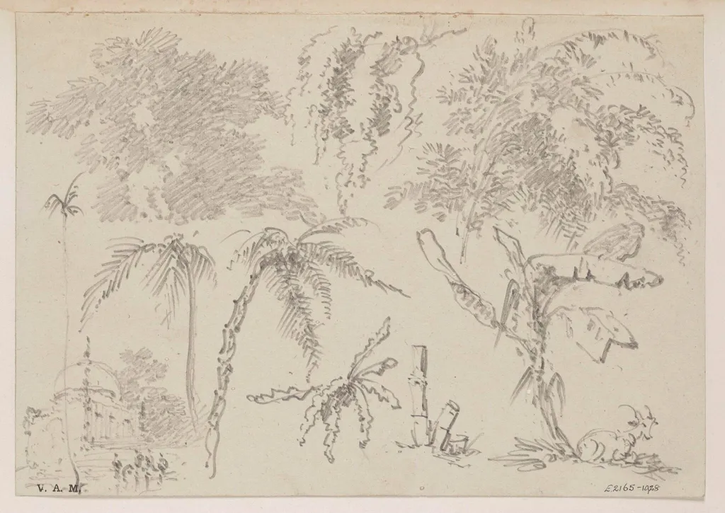 Studies of palms and other foliage, with a domed tomb and a goat, by George Chinnery, 16