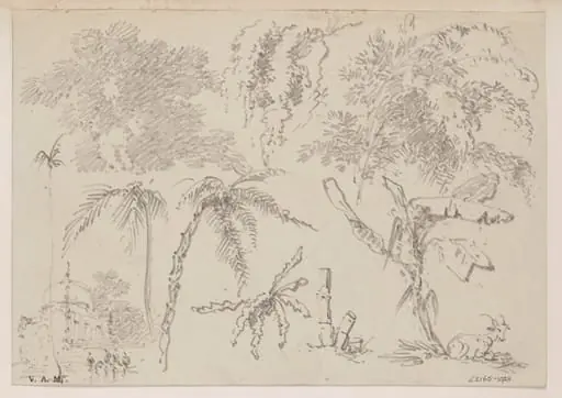 Studies of palms and other foliage, with a domed tomb and a goat, by George Chinnery