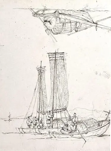 Studies of Tanka boats with figures, Macau, by George Chinnery