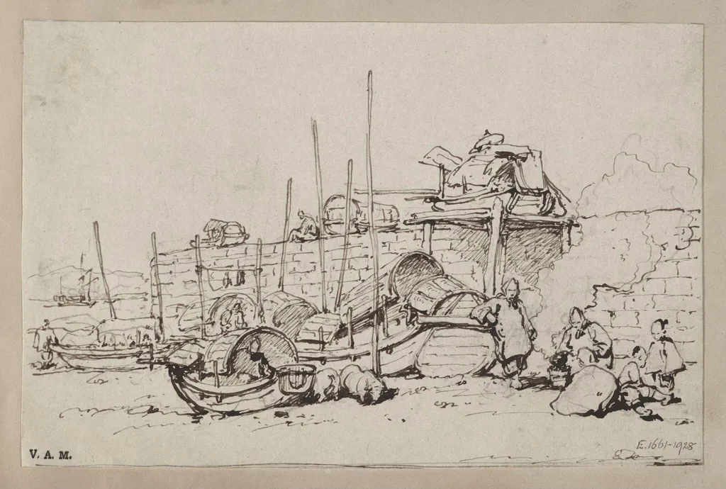 Tanka boats and boatpeople on the beach by the sea wall, Macau, by George Chinnery, 19