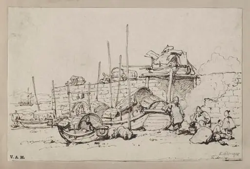 Tanka boats and boatpeople on the beach by the sea wall, Macau, by George Chinnery