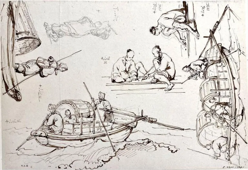 Tanka boats at sea, with other drawings, by George Chinnery, 12