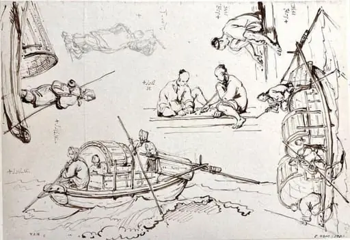 Tanka boats at sea, with other drawings, by George Chinnery
