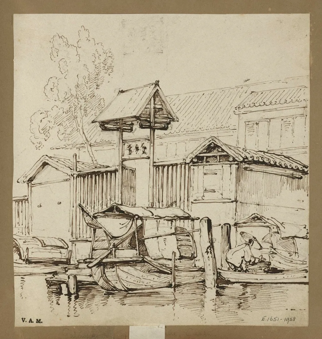 Tanka boats by a gateway at the water's edge, Macau, by George Chinnery, 19
