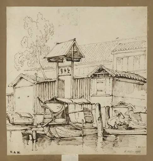Tanka boats by a gateway at the water's edge, Macau, by George Chinnery