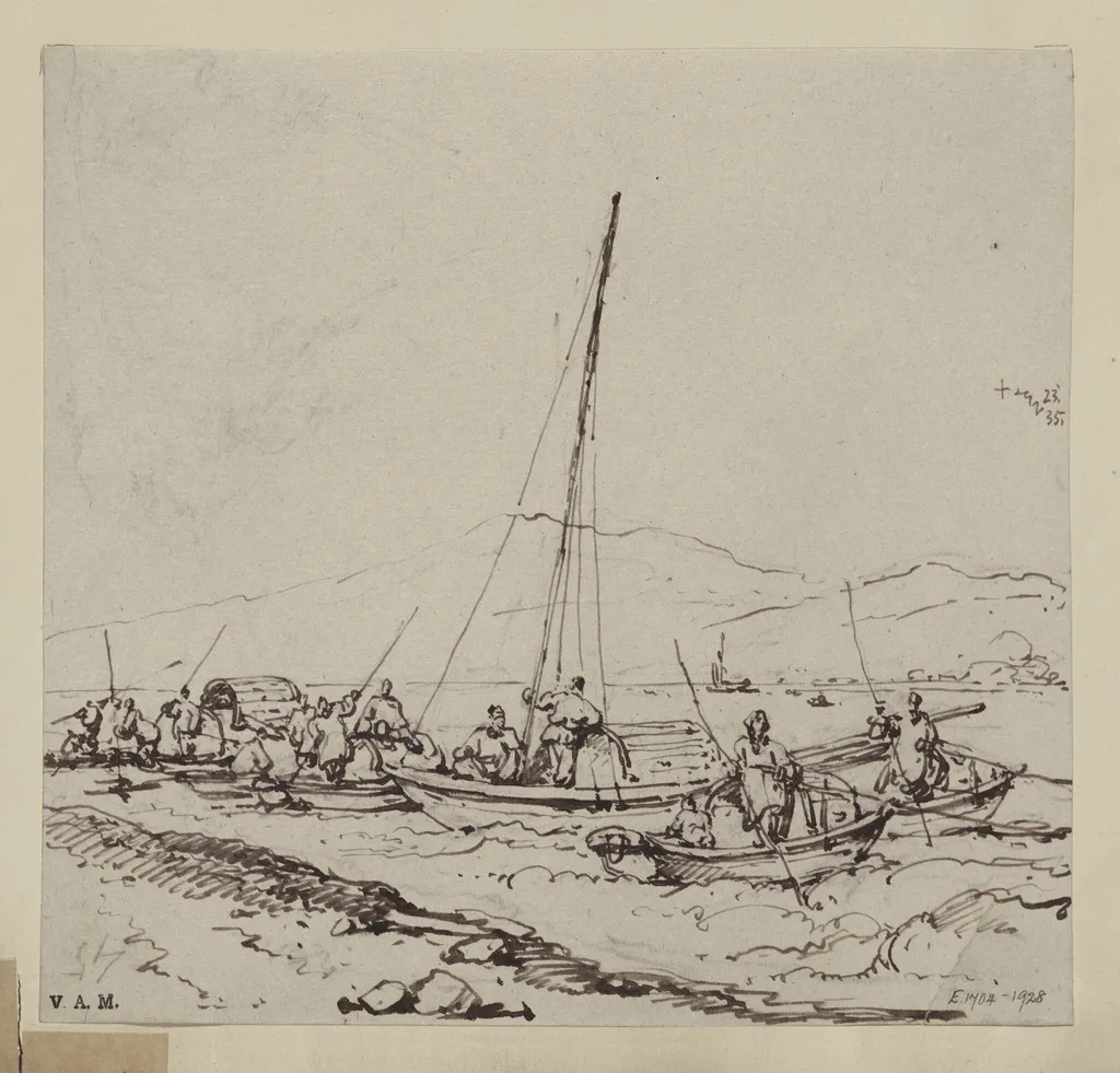 Tanka boats in shallow water near the shore, by George Chinnery, 16
