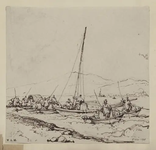 Tanka boats in shallow water near the shore, by George Chinnery