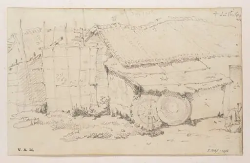 Thatched village dwellings, Bengal, by George Chinnery