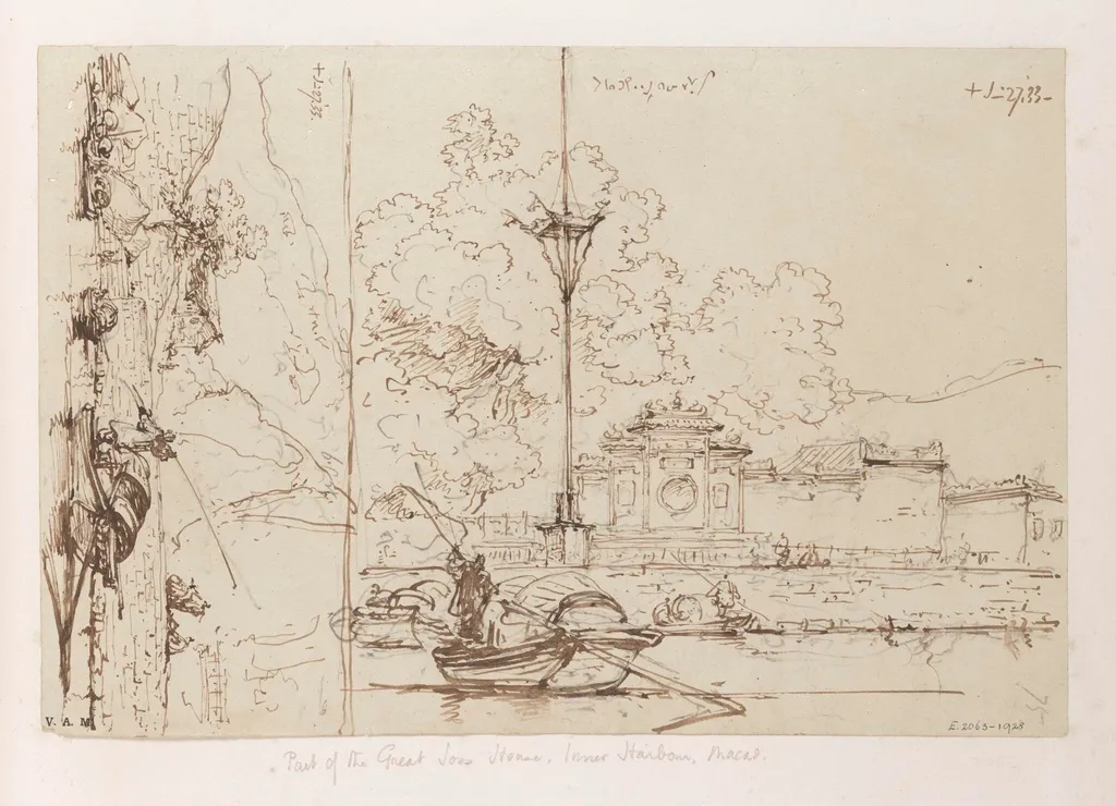 The A-Ma temple, Macau, and the nearby rocks, both seen from the bay, by George Chinnery, 16