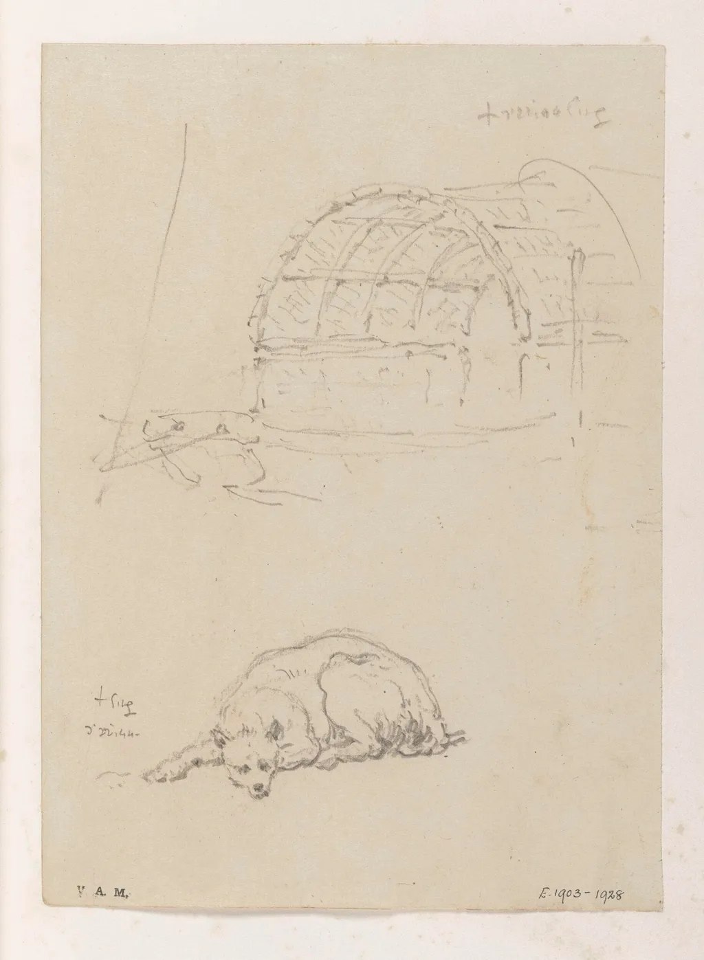 The awning of a Tanka boat, and a reclining dog, by George Chinnery, 14