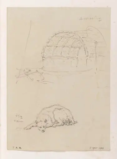 The awning of a Tanka boat, and a reclining dog, by George Chinnery
