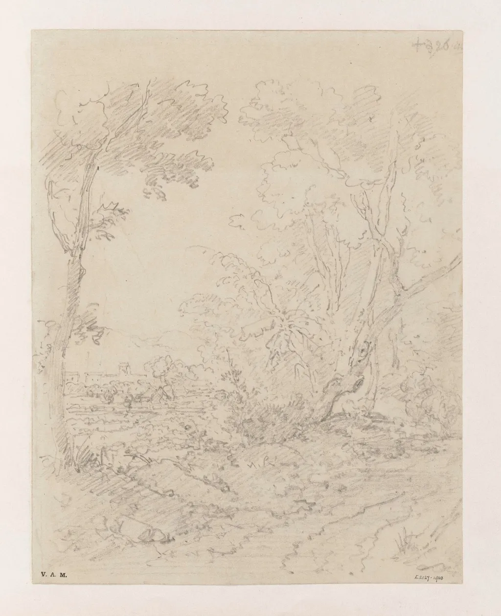 The buildings of Macau seen across fields from a tree-lined lane, by George Chinnery, 19