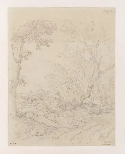 The buildings of Macau seen across fields from a tree-lined lane, by George Chinnery