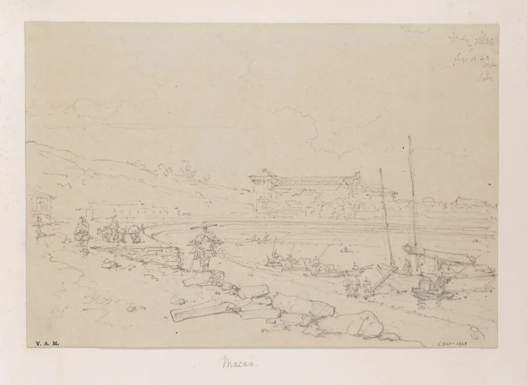 The church and convent of S. Francisco, Macau, from across the bay, by George Chinnery, 19