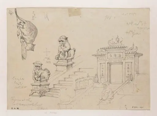 The gateway pavilion at the A-Ma temple, Macau, its guardian lions, and a cat, by George Chinnery