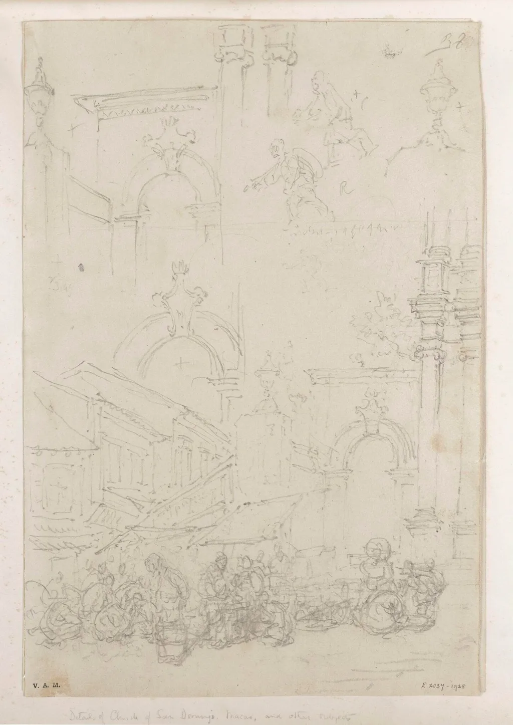 The market by the Church of S. Domingos, Macau, with other architecture, by George Chinnery, 3