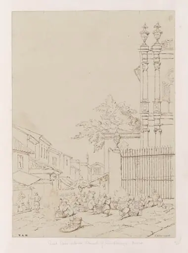 The market outside the church of S. Domingos, Macau, by George Chinnery
