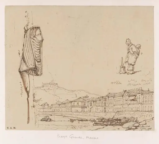 The Praya Grande, Macau, with studies of a boatwoman and a rowing boat, by George Chinnery