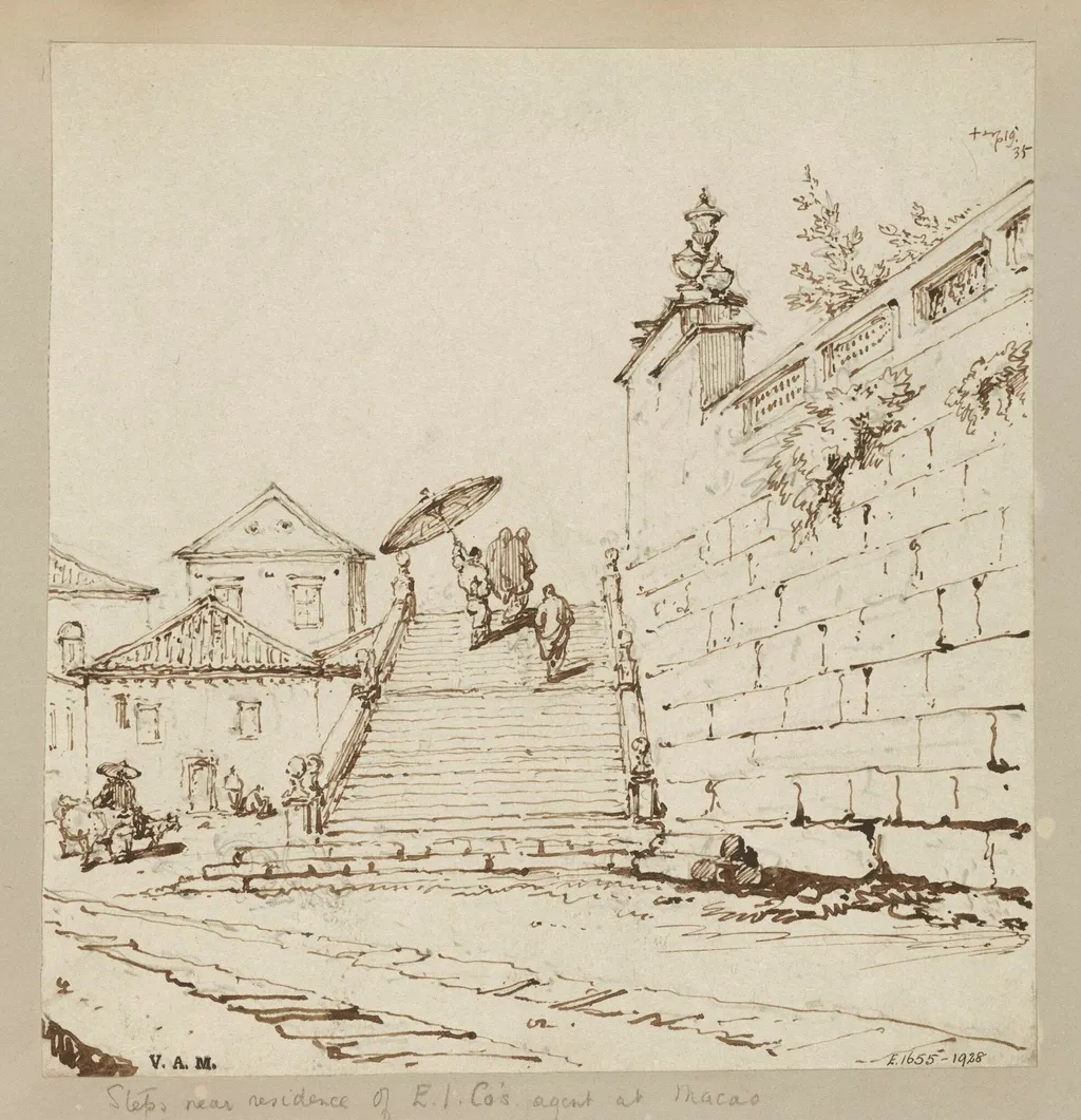 The steps and wall of S. Lourenço Church, Macau, by George Chinnery, 14