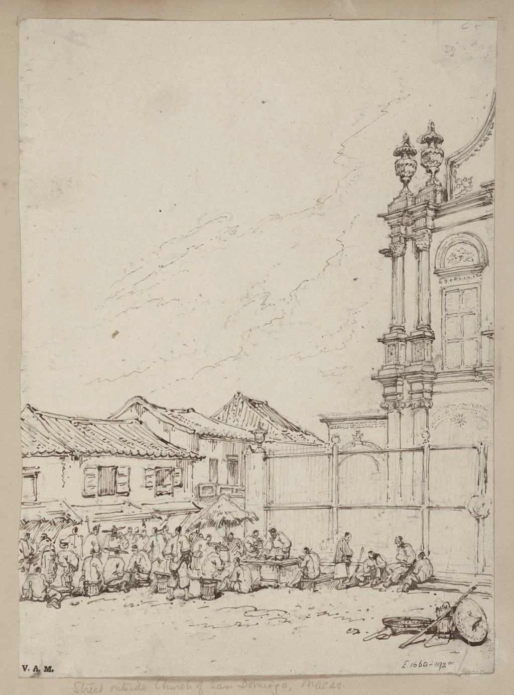 The street market outside the church of S. Domingos, Macau, by George Chinnery, 19