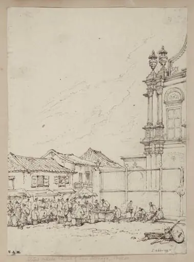 The street market outside the church of S. Domingos, Macau, by George Chinnery