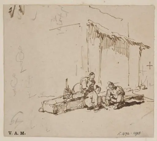 Three Chinese men playing a game, by George Chinnery