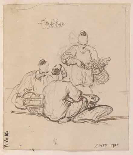 Three Chinese men with baskets, by George Chinnery