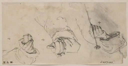 Three drawings of a hand grasping different objects, by George Chinnery