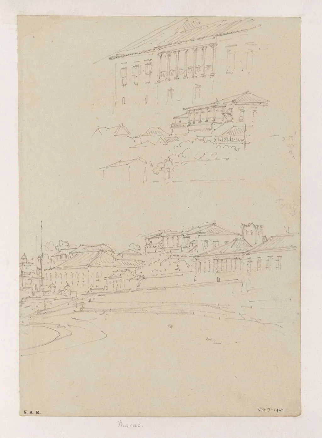 Three drawings of buildings on the Praya Grande, Macau, by George Chinnery, 14