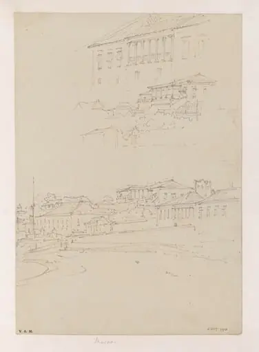 Three drawings of buildings on the Praya Grande, Macau, by George Chinnery