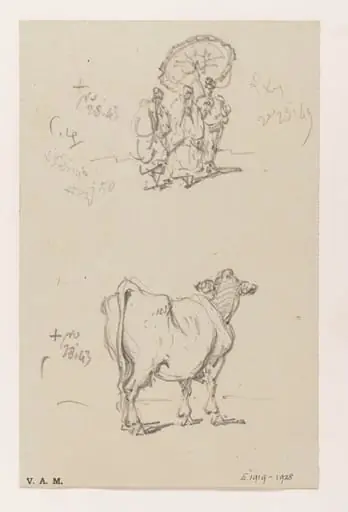 Three figures with a parasol, and a cow, by George Chinnery