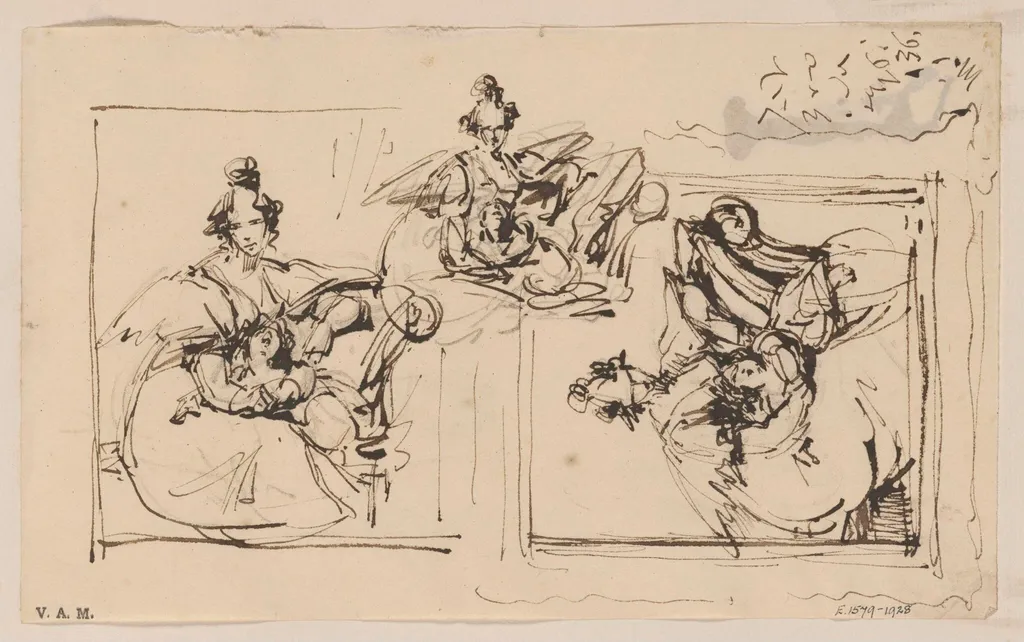 Three studies for a portrait of a Western woman and child, by George Chinnery, 8