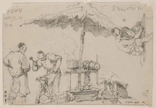 Two blacksmiths beneath a parasol, by George Chinnery