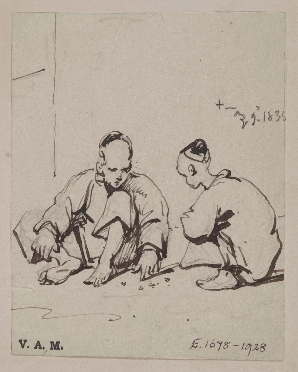 Two Chinese figures playing with pebbles on the ground, by George Chinnery, 10